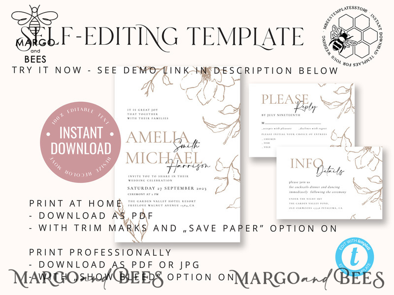 Fine art beige wedding invitation template, Instant download Boho Wedding Invites, Simple nude Invitation Printable Template Elegant Invites-3