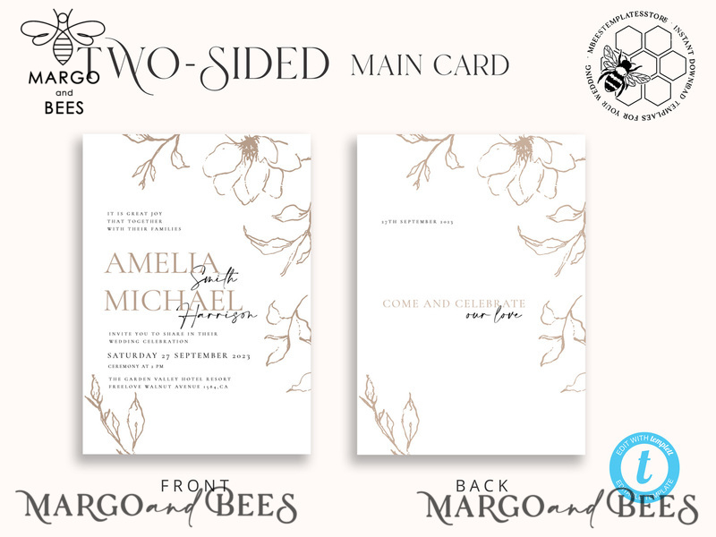 Fine art beige wedding invitation template, Instant download Boho Wedding Invites, Simple nude Invitation Printable Template Elegant Invites-7