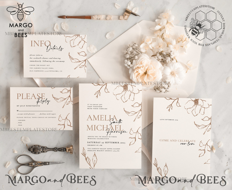 Fine art beige wedding invitation template, Instant download Boho Wedding Invites, Simple nude Invitation Printable Template Elegant Invites-0