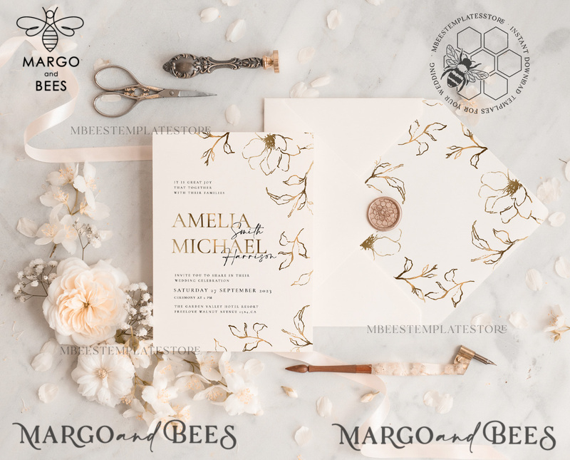 Fine art gold wedding invitation template, Instant download Boho Wedding Invites, Simple Gold Invitation Printable Template, Elegant Invites-1