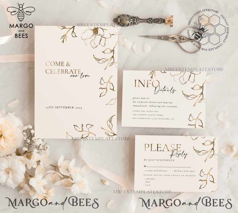 Fine art gold wedding invitation template, Instant download Boho Wedding Invites, Simple Gold Invitation Printable Template, Elegant Invites-2