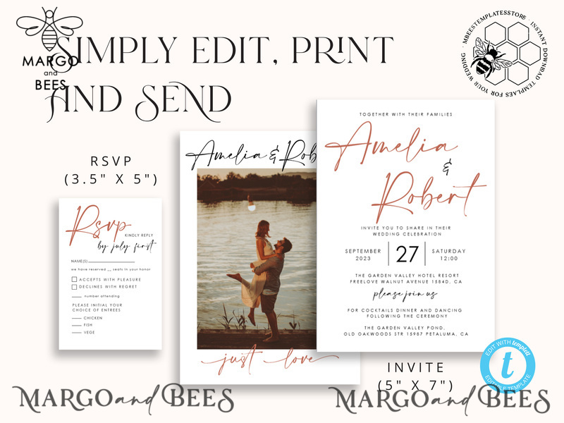Modern wedding Invitation Template with Photo, Instant Download Printable Invites Home Printing, Simple Boho Wedding Invitation Card Set-4