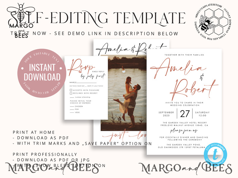 Modern wedding Invitation Template with Photo, Instant Download Printable Invites Home Printing, Simple Boho Wedding Invitation Card Set-5