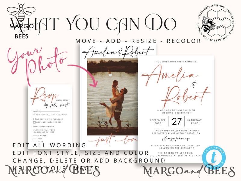 Modern wedding Invitation Template with Photo, Instant Download Printable Invites Home Printing, Simple Boho Wedding Invitation Card Set-8