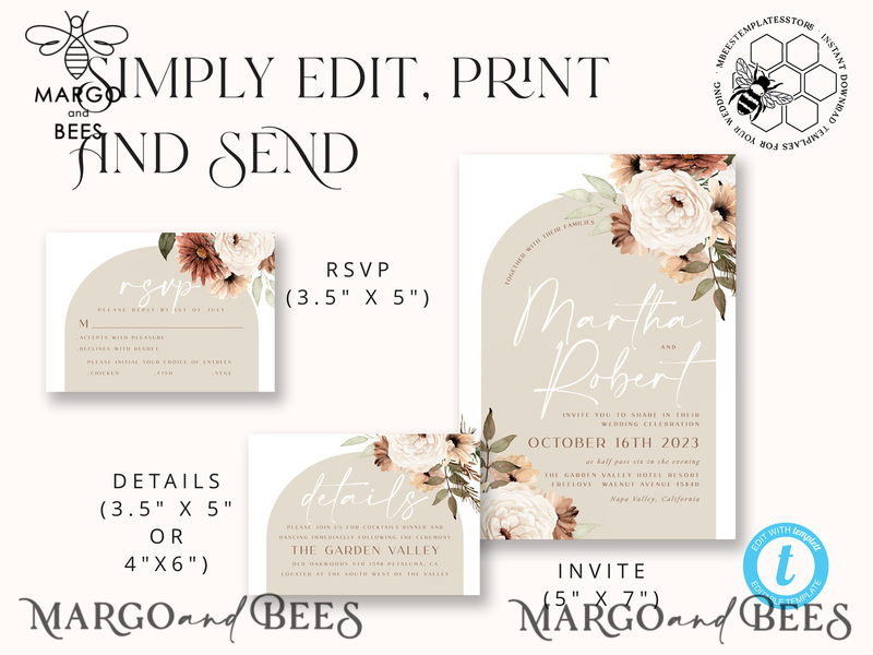 Boho Arch wedding Invitations Evite Set Template, Instant Download Printable Invites Home Printing, Simple Wedding Invitation Cards WBoho11-4