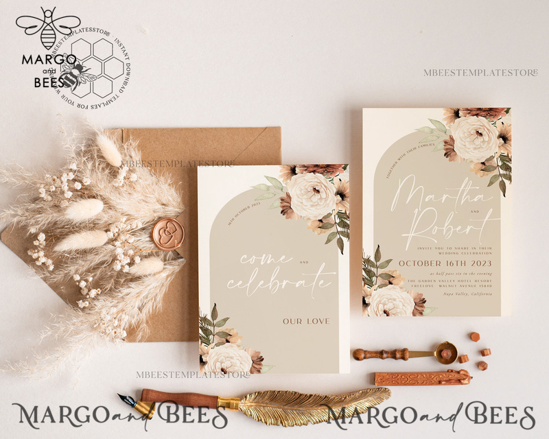 Boho Arch wedding Invitations Evite Set Template, Instant Download Printable Invites Home Printing, Simple Wedding Invitation Cards WBoho11-2