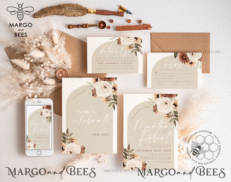 Boho Arch wedding Invitations Evite Set Template, Instant Download Printable Invites Home Printing, Simple Wedding Invitation Cards WBoho11-0