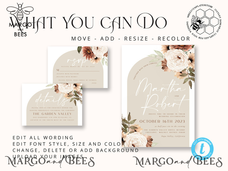 Boho Arch wedding Invitations Evite Set Template, Instant Download Printable Invites Home Printing, Simple Wedding Invitation Cards WBoho11-6