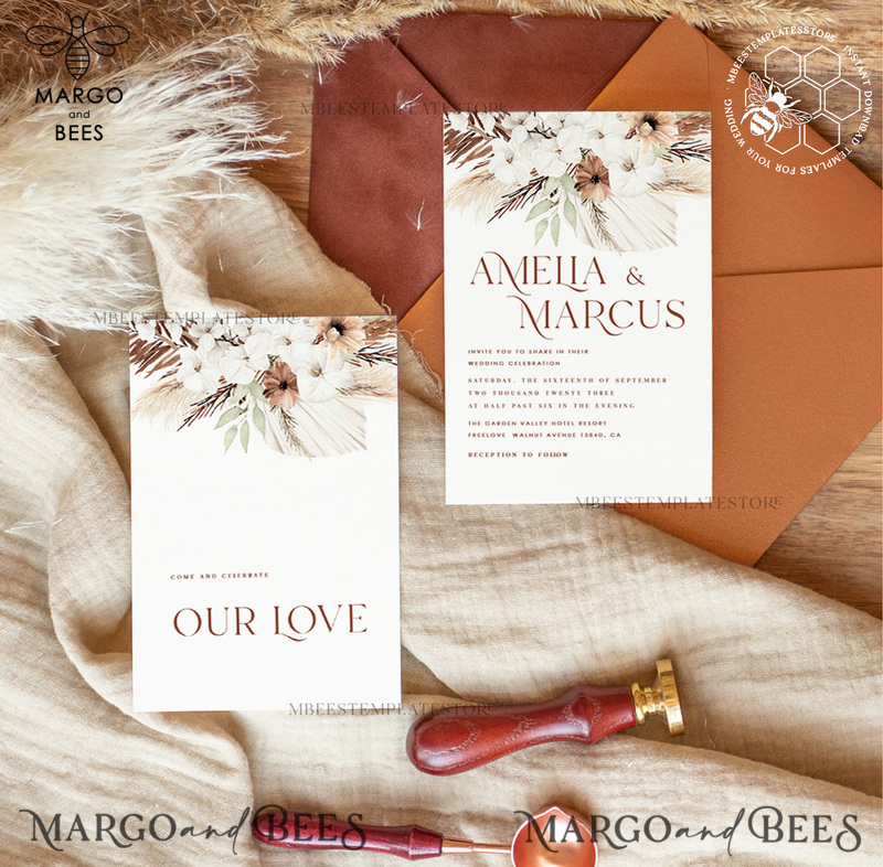 Boho fall wedding Invitations Set Template, Instant Download Printable Invites Home Printing, Terracotta Autumn Wedding Invitation Card Set-1