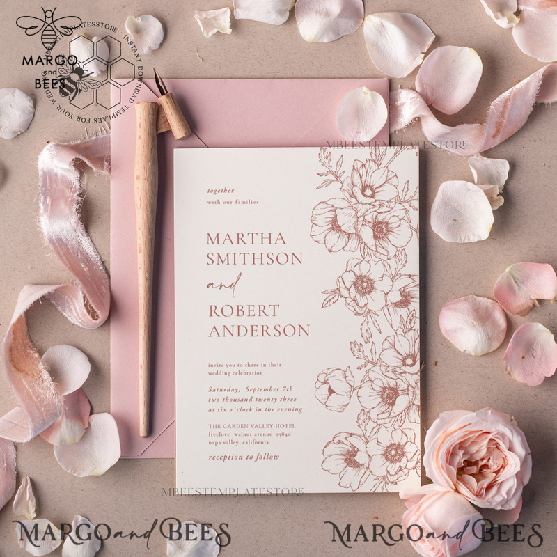 Elegant Blush wedding Invitation Template, Instant Download Printable Invites Home Printing, Pink Boho Wedding Invitation Card Set Template-1