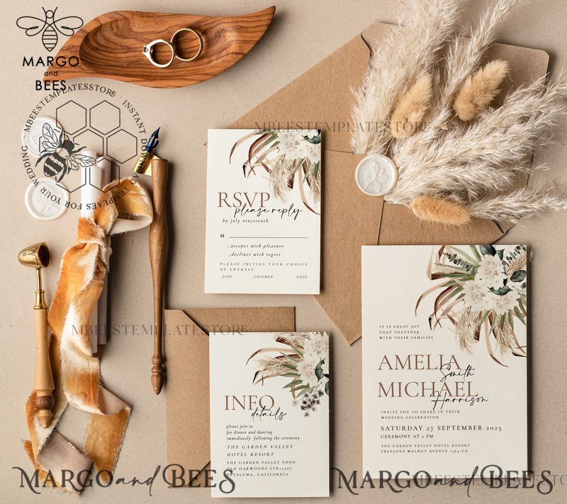 Floral wedding Invitations Set Template, Instant Download Printable Invites Home Printing, Simple Rustic Wedding Invitation Card Set -2