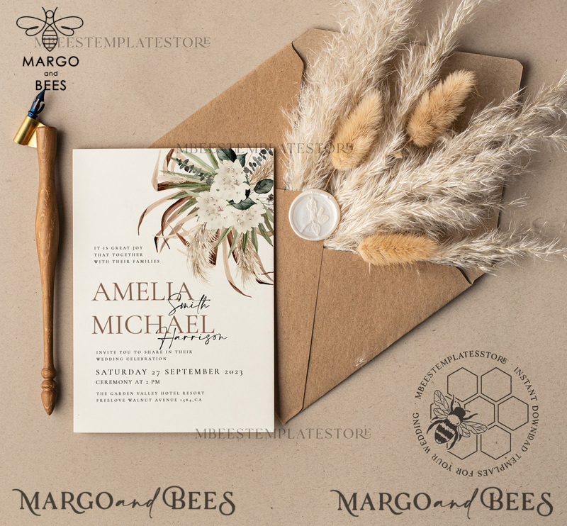Floral wedding Invitations Set Template, Instant Download Printable Invites Home Printing, Simple Rustic Wedding Invitation Card Set -3