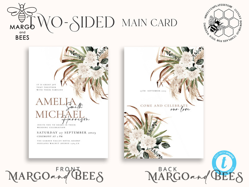 Floral wedding Invitations Set Template, Instant Download Printable Invites Home Printing, Simple Rustic Wedding Invitation Card Set -4