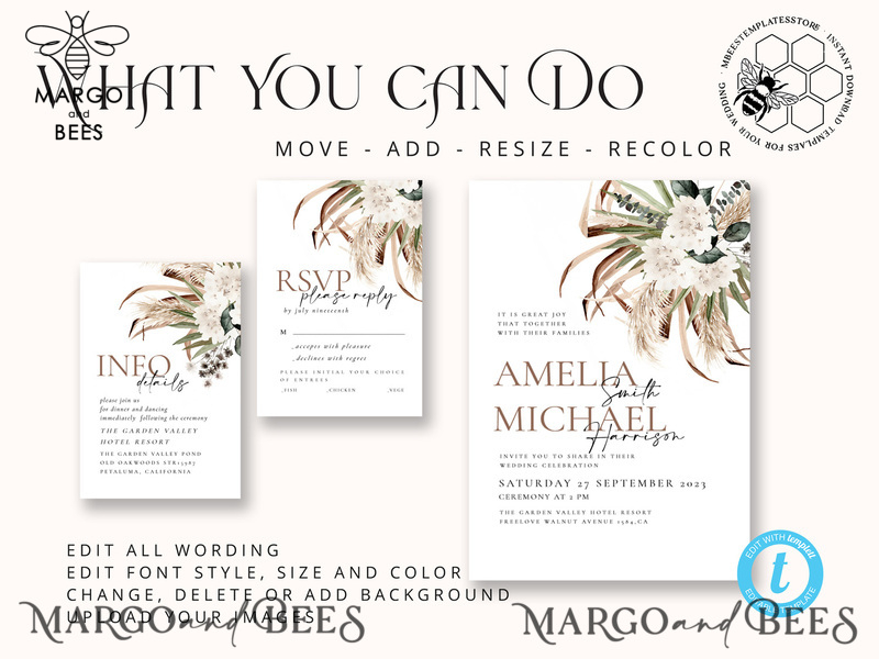 Floral wedding Invitations Set Template, Instant Download Printable Invites Home Printing, Simple Rustic Wedding Invitation Card Set -6