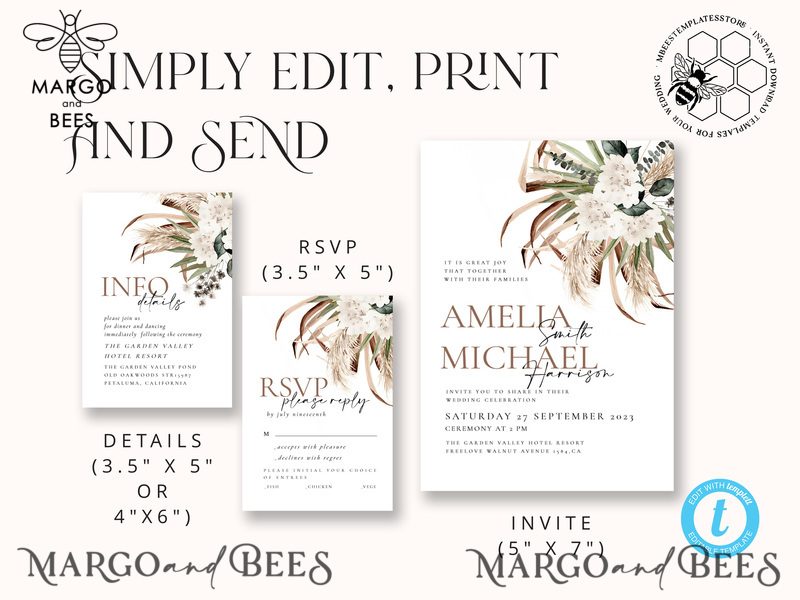 Floral wedding Invitations Set Template, Instant Download Printable Invites Home Printing, Simple Rustic Wedding Invitation Card Set -7