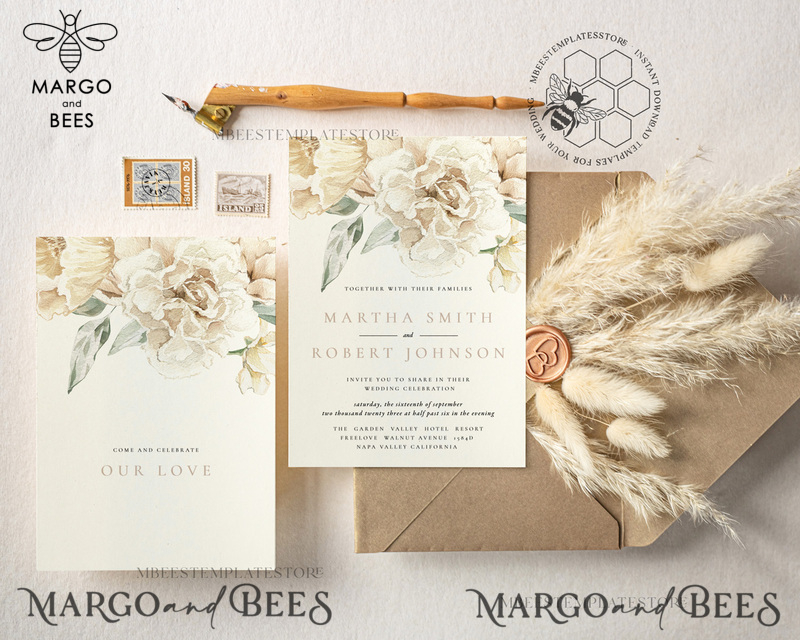 Rustic Ivory wedding Invitations Set Template, Instant Download Printable Invites Home Printing, Simple Boho Wedding Invitation Card Set-0