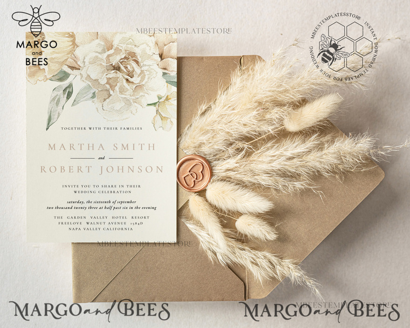 Rustic Ivory wedding Invitations Set Template, Instant Download Printable Invites Home Printing, Simple Boho Wedding Invitation Card Set-2