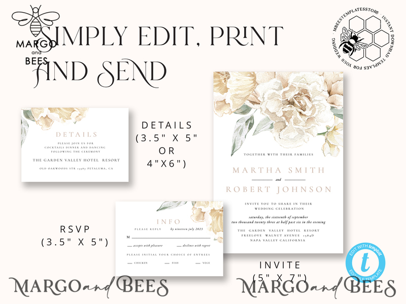 Rustic Ivory wedding Invitations Set Template, Instant Download Printable Invites Home Printing, Simple Boho Wedding Invitation Card Set-4