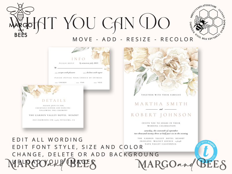 Rustic Ivory wedding Invitations Set Template, Instant Download Printable Invites Home Printing, Simple Boho Wedding Invitation Card Set-5