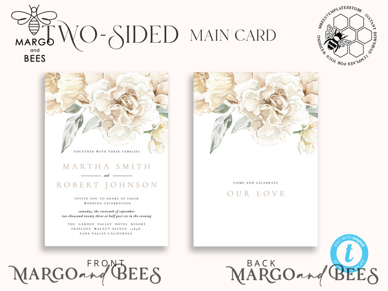 Rustic Ivory wedding Invitations Set Template, Instant Download Printable Invites Home Printing, Simple Boho Wedding Invitation Card Set-7