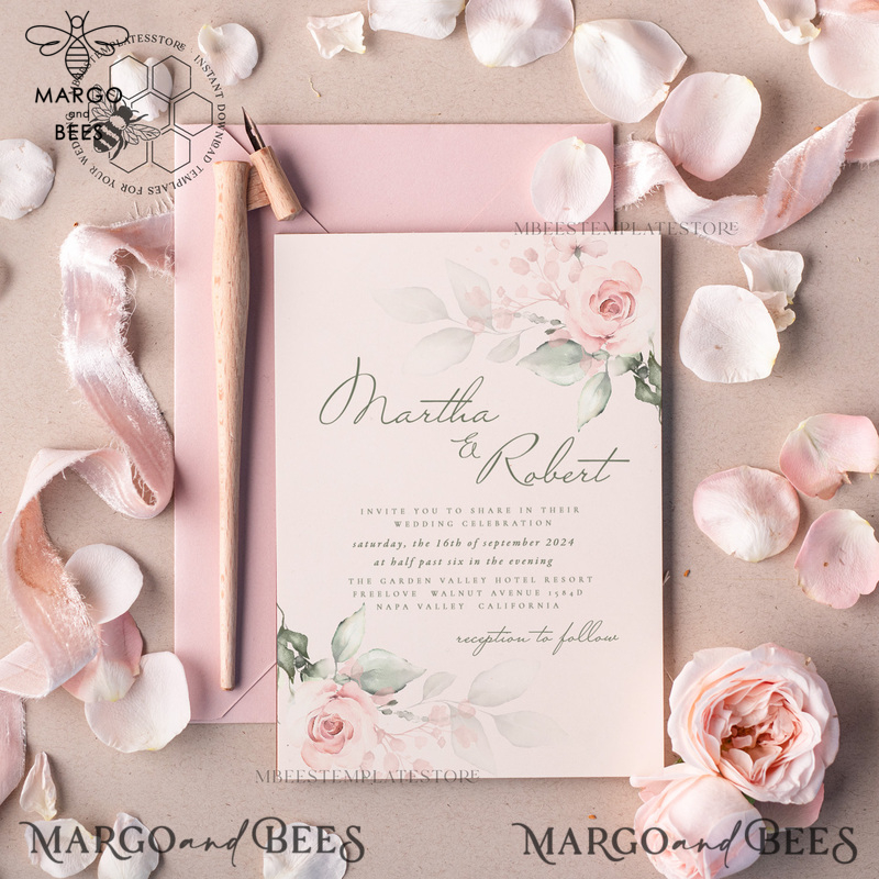Modern Rustic wedding Invitations Set Template, Instant Download Printable Invites Home Printing, Simple Boho Wedding Invitation Card Set-1
