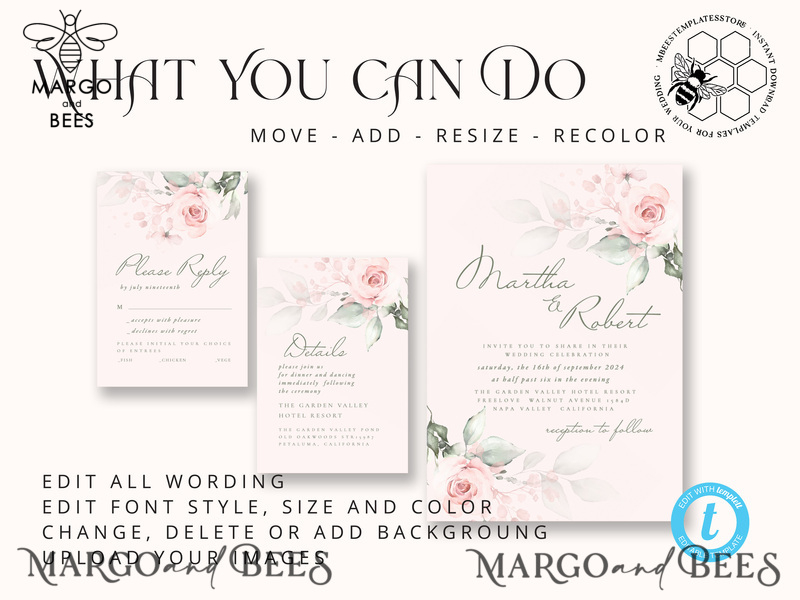 Modern Rustic wedding Invitations Set Template, Instant Download Printable Invites Home Printing, Simple Boho Wedding Invitation Card Set-7