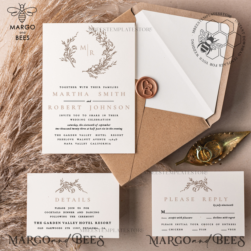 Modern wedding Invitation Template, Instant Download Printable Invites Home Printing, Simple Boho Wedding Invitation Card Set-0