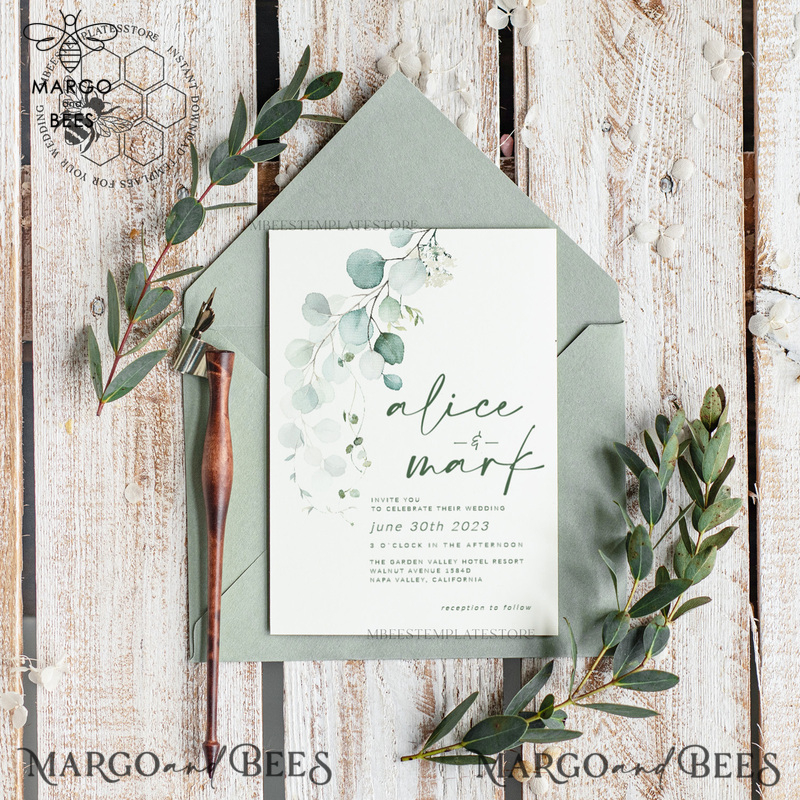 Sage Green wedding invitation template, Instant download Greenery Wedding Invites, Eucalyptus Garden Wedding Invitations Set Printable-1