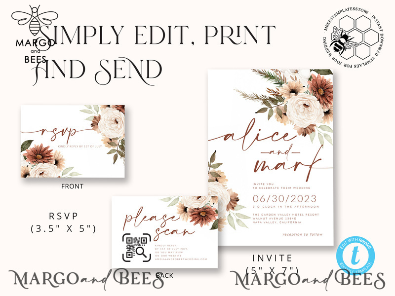 Boho Ivory wedding Invitations Evite Set Template, Instant Download Printable Invites Home Printing, Simple Wedding Invitation Cards WBoho10-5