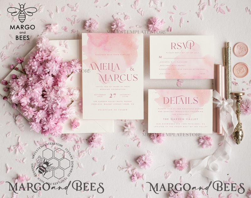 Elegant Blush wedding Invitation Template, Instant Download Printable Invites Home Printing, Pink Ombre Wedding Invitation Card Set Template-0