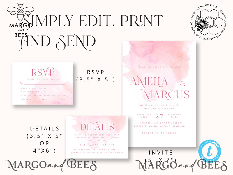 Elegant Blush wedding Invitation Template, Instant Download Printable Invites Home Printing, Pink Ombre Wedding Invitation Card Set Template-5