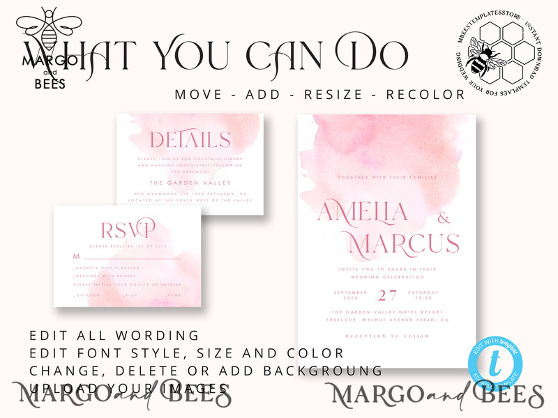 Elegant Blush wedding Invitation Template, Instant Download Printable Invites Home Printing, Pink Ombre Wedding Invitation Card Set Template-9