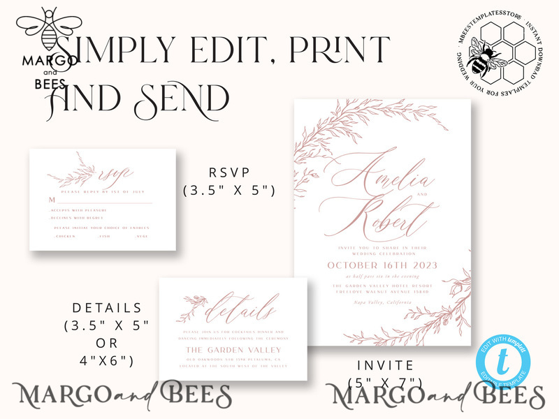 Fine Art Blush wedding Invitations Evite Set Template, Instant Download Printable Invites Home Printing, Boho Chick Invitation Set WBoho16-4