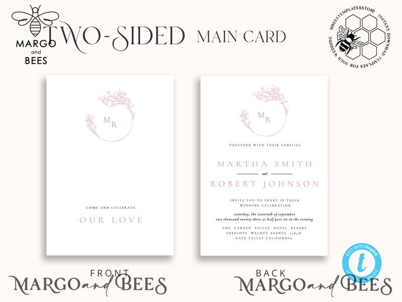 Elegant Blush wedding Invitation Template, Instant Download Printable Invites Home Printing, Pink Boho Wedding Invitation Card Set Template-9