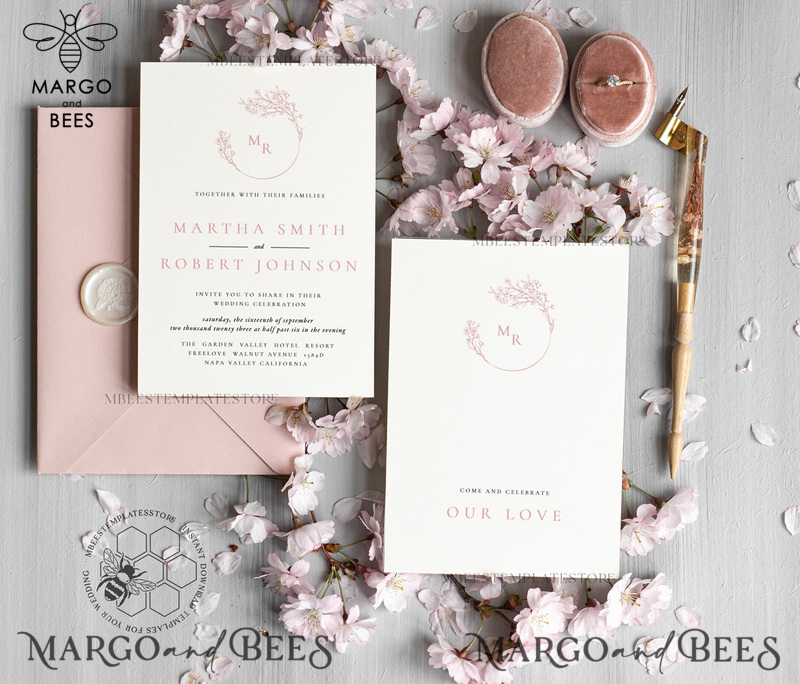 Elegant Blush wedding Invitation Template, Instant Download Printable Invites Home Printing, Pink Boho Wedding Invitation Card Set Template-3