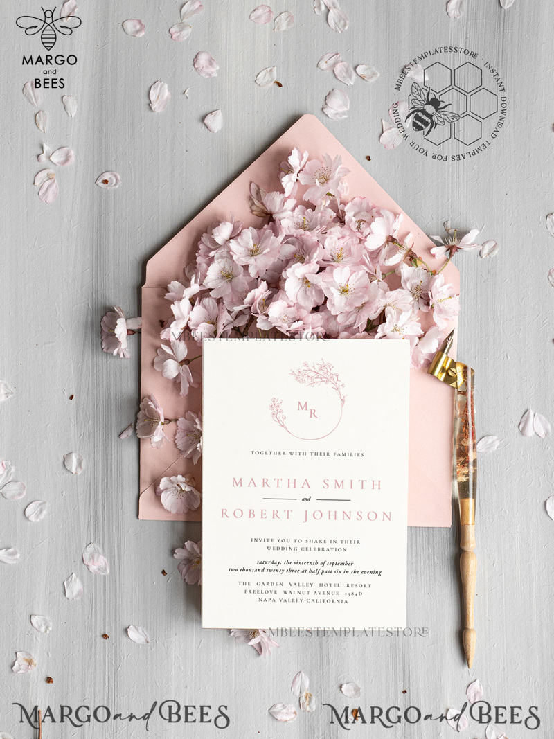 Elegant Blush wedding Invitation Template, Instant Download Printable Invites Home Printing, Pink Boho Wedding Invitation Card Set Template-1