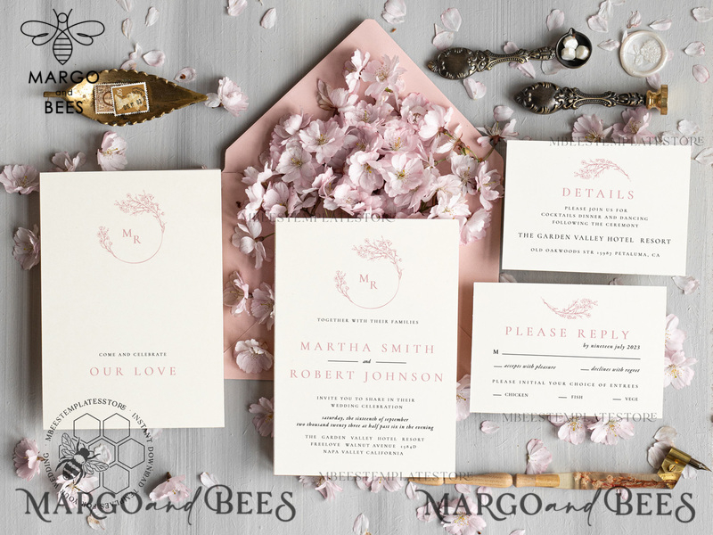 Elegant Blush wedding Invitation Template, Instant Download Printable Invites Home Printing, Pink Boho Wedding Invitation Card Set Template-4