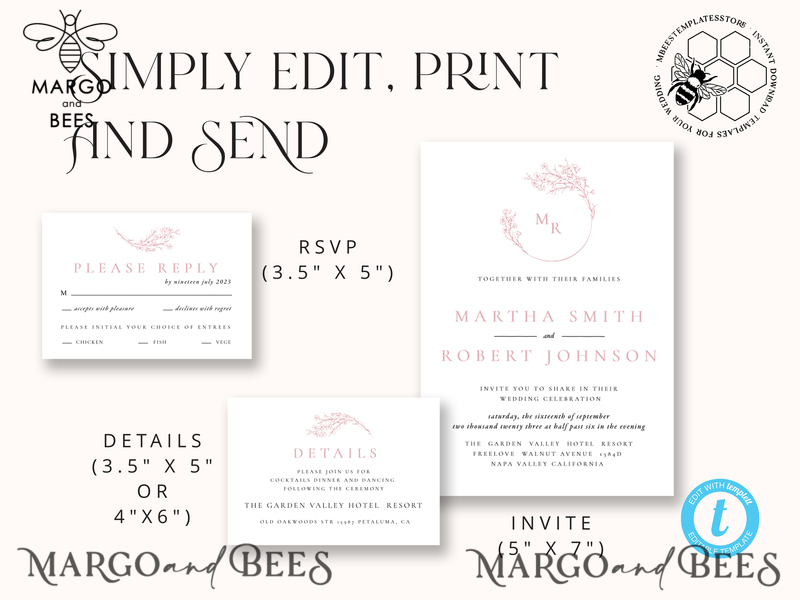 Elegant Blush wedding Invitation Template, Instant Download Printable Invites Home Printing, Pink Boho Wedding Invitation Card Set Template-6