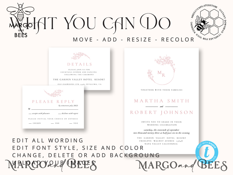 Elegant Blush wedding Invitation Template, Instant Download Printable Invites Home Printing, Pink Boho Wedding Invitation Card Set Template-7