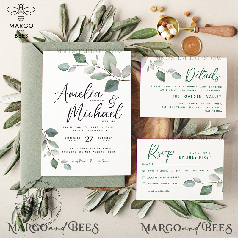 Sage Green wedding invitation template, Instant download Greenery Wedding Invites, Eucalyptus Garden Wedding Invitation Printable-0