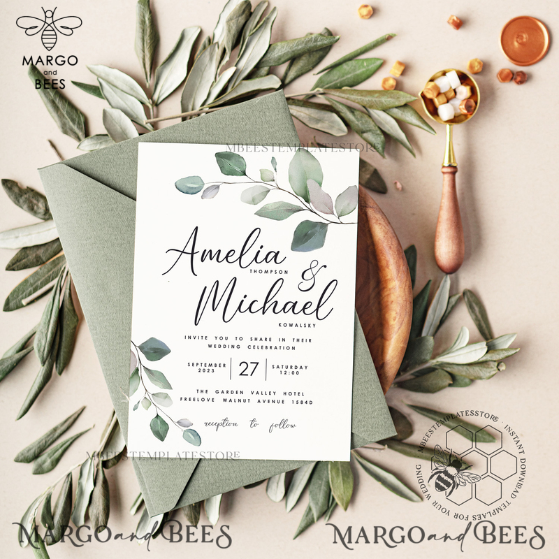 Sage Green wedding invitation template, Instant download Greenery Wedding Invites, Eucalyptus Garden Wedding Invitation Printable-1