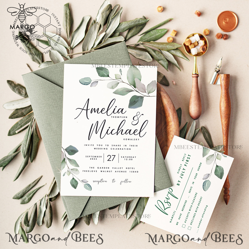 Sage Green wedding invitation template, Instant download Greenery Wedding Invites, Eucalyptus Garden Wedding Invitation Printable-2