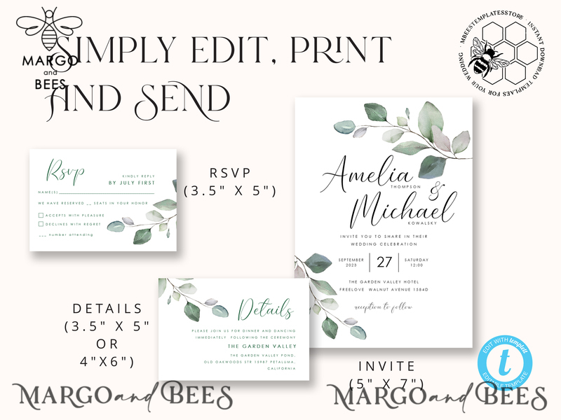 Sage Green wedding invitation template, Instant download Greenery Wedding Invites, Eucalyptus Garden Wedding Invitation Printable-4