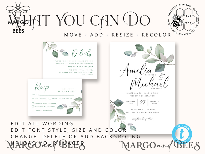 Sage Green wedding invitation template, Instant download Greenery Wedding Invites, Eucalyptus Garden Wedding Invitation Printable-5