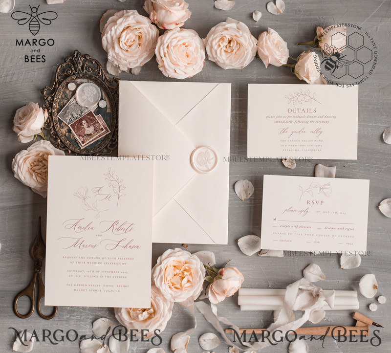 Elegant wedding Invitation Template, Simple Instant Download Printable Invites Home Printing, Boho Modern Wedding Invitation Card Set-1