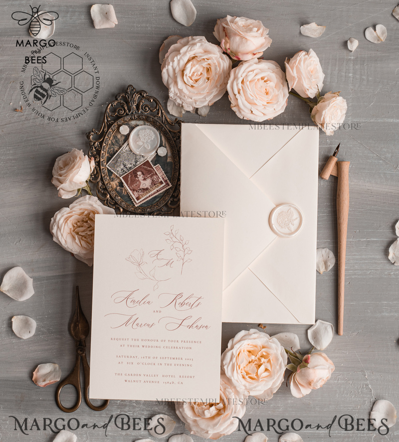 Elegant wedding Invitation Template, Simple Instant Download Printable Invites Home Printing, Boho Modern Wedding Invitation Card Set-4