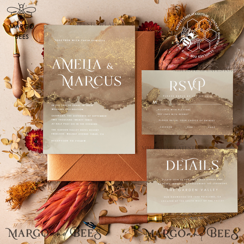 Gold ombre wedding Invitation Template, Instant Download Printable Invites Home Printing, Gold Boho Wedding Invitation Card Set terracotta-0