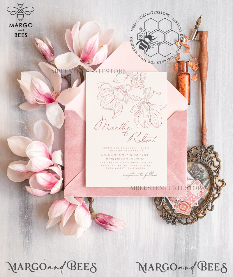 Fine art pink wedding invitation template, Instant download Wedding Invites, Simple Wedding Invitation Printable Template Invitations-0