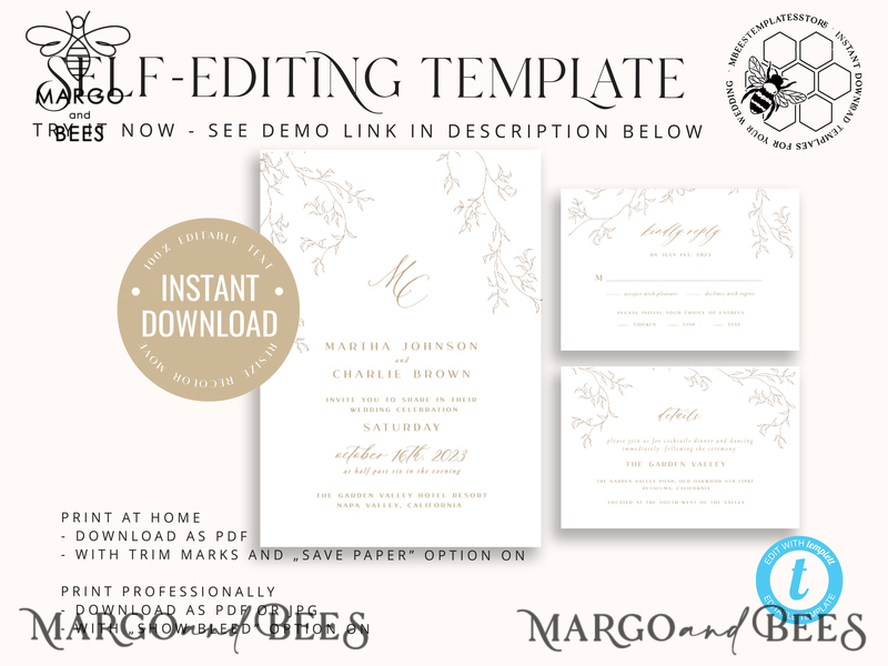 Modern wedding invitation template, Instant download Boho Wedding Invites, Simple Wedding Invitation Printable Template, Elegant Invites-6