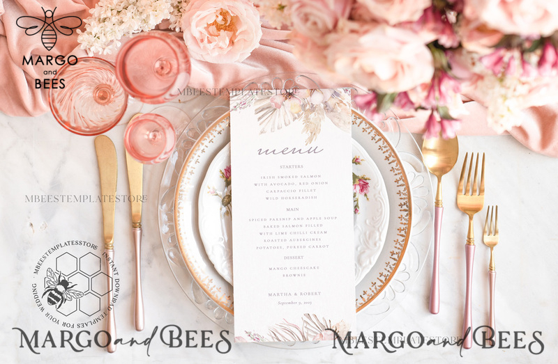 Boho wedding menu template, dinner menus editable, Instant download Rustic wedding menus, Garden wedding menu  Printable, WPam5-0